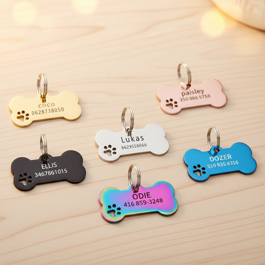 Médaille Gravée Personnalisée pour Chien & Chat - Plaque Os avec Nom et Numéro