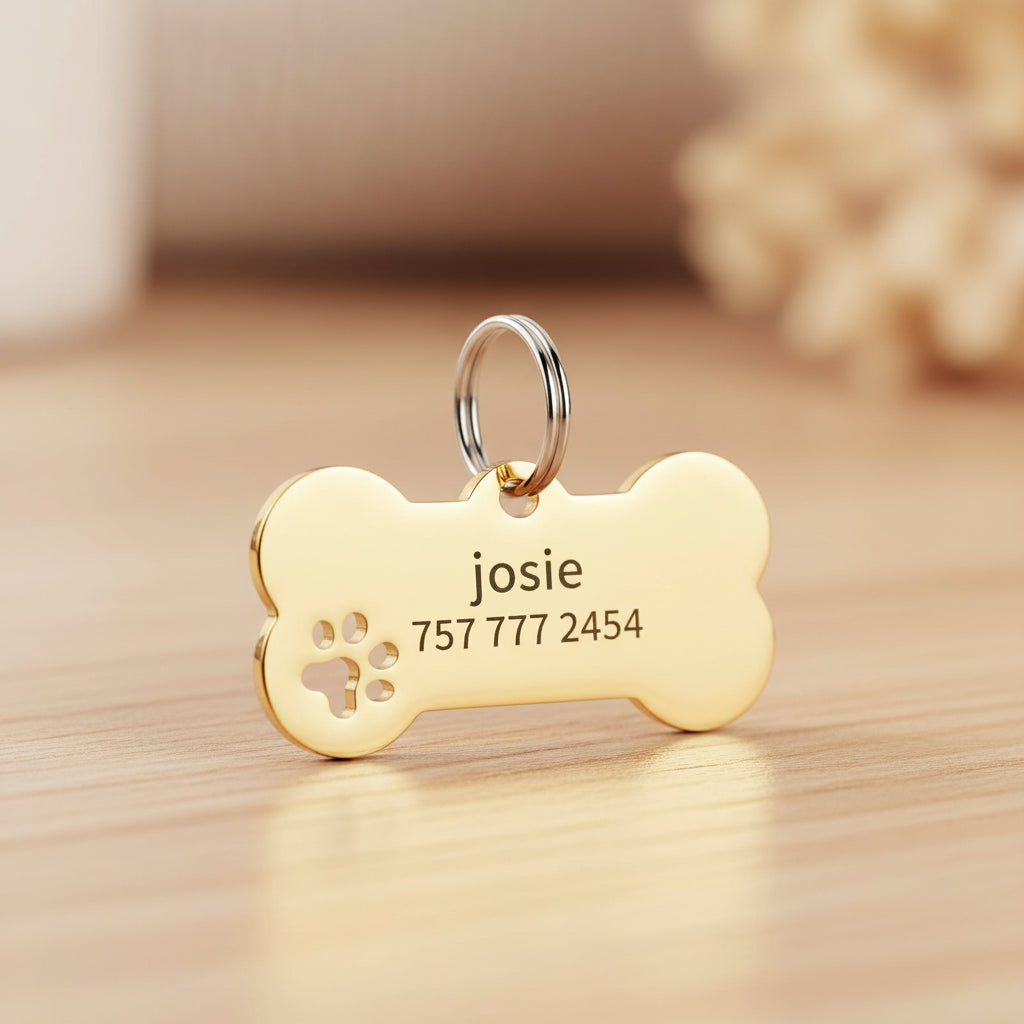Médaille Gravée Personnalisée pour Chien & Chat - Plaque Os avec Nom et Numéro